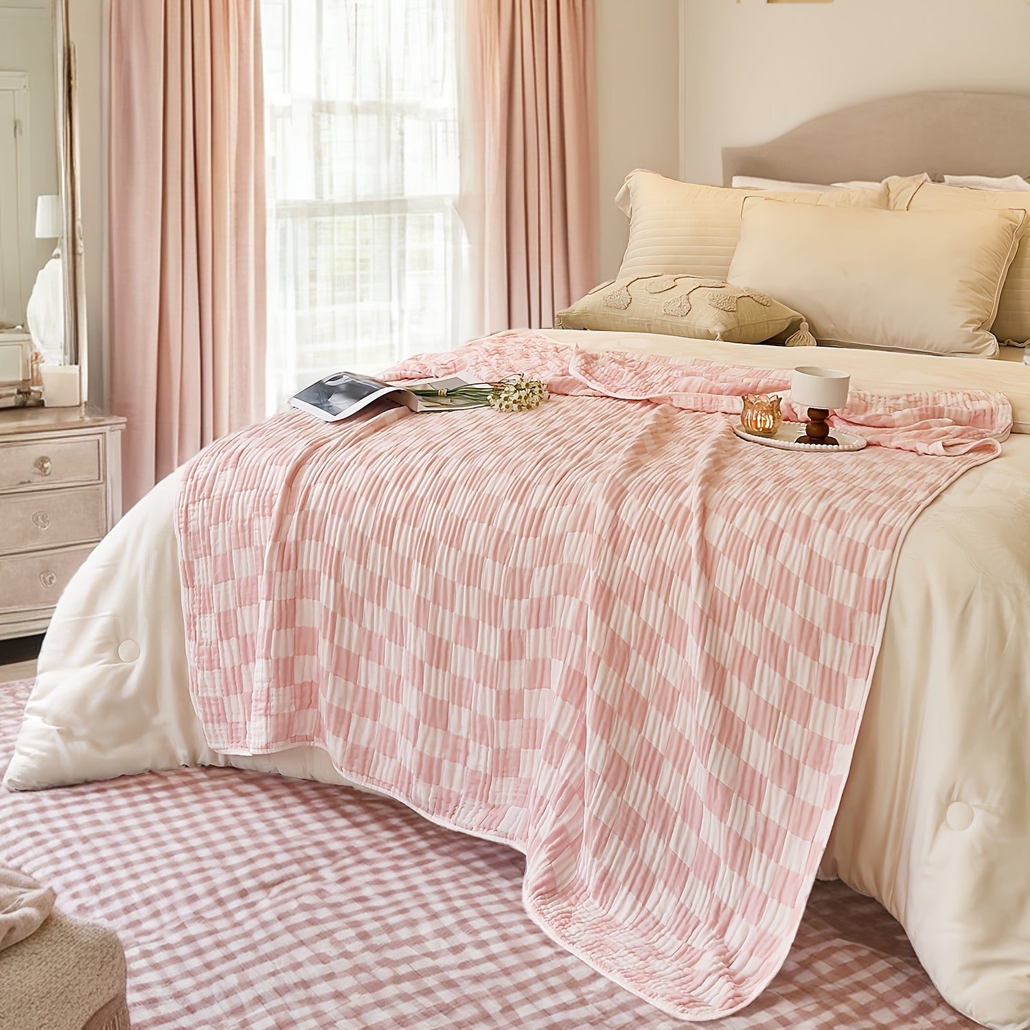 Ultra-Soft 100% Cotton Gauze Blanket - Lightweight, Breathable & Machine Washable - Perfect for Sofa, Bed, Travel & Outdoor Use - Versatile Checkerboard Design