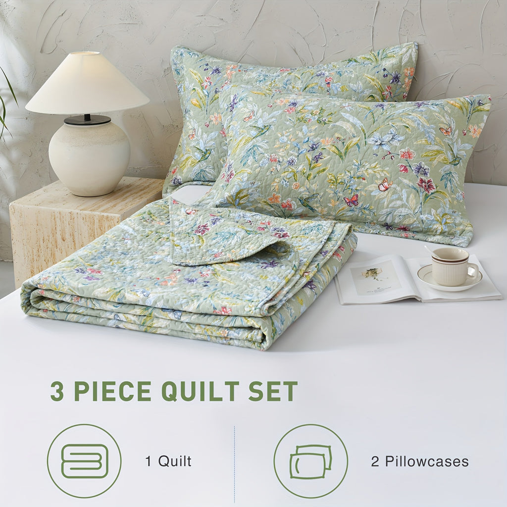 100% Cotton Floral Quilt - Green Floral Quilted Bedspreads Set, 3pcs Green Flower Bird Butterfly Print Botanical Quilt Bedding Coverlet Summer Soft Lightweight Aesthetic Bedding
