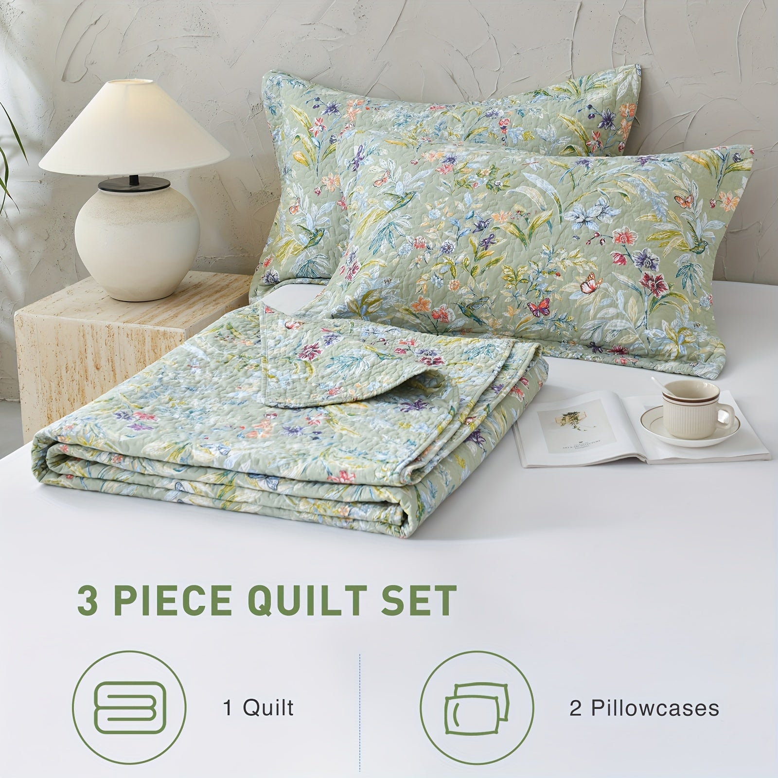 100% Cotton Floral Quilt - Green Floral Quilted Bedspreads Set, 3pcs Green Flower Bird Butterfly Print Botanical Quilt Bedding Coverlet Summer Soft Lightweight Aesthetic Bedding