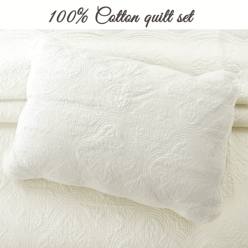 100% Cotton Medallion Solid White Embossed Bedding Quilt Set