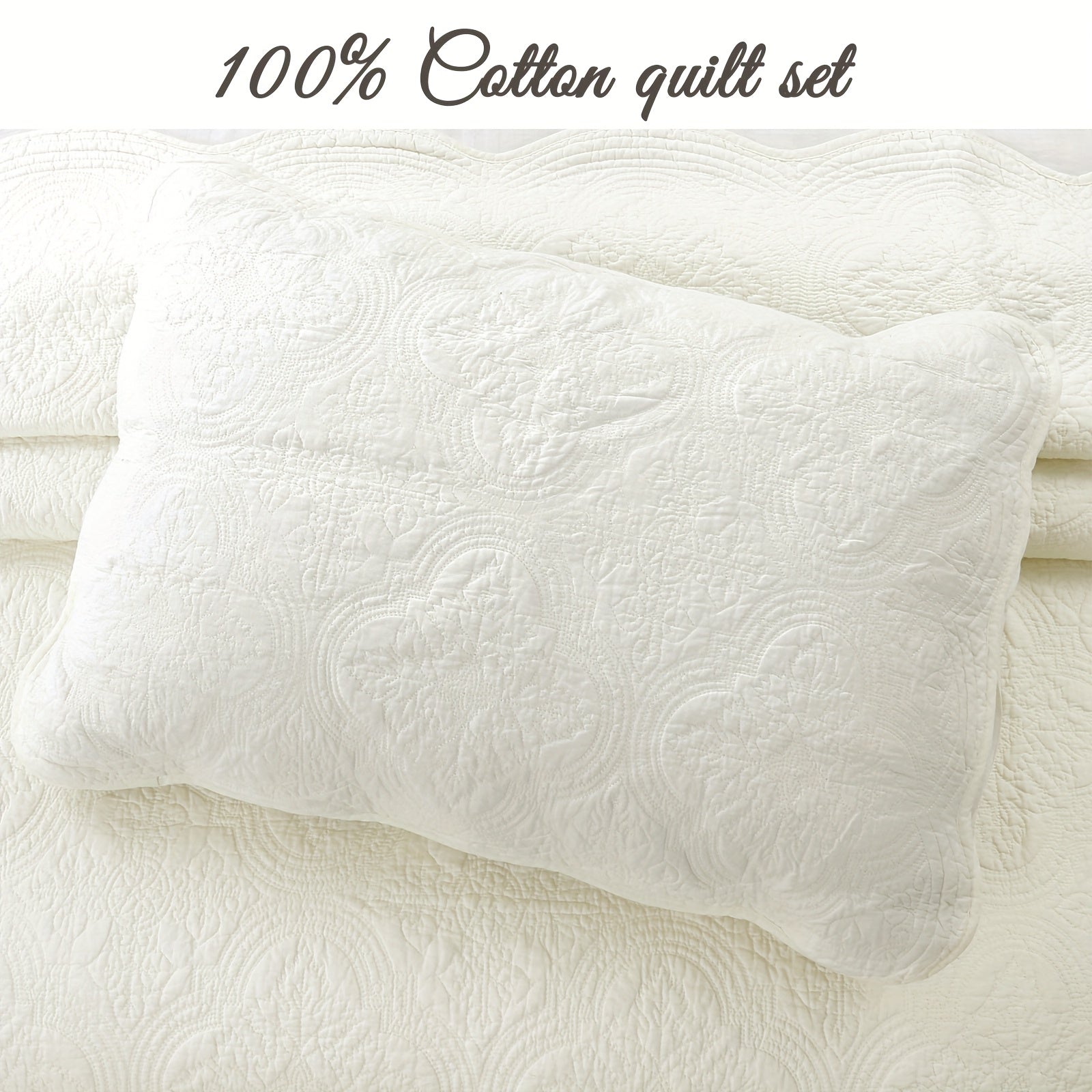 100% Cotton Medallion Solid White Embossed Bedding Quilt Set
