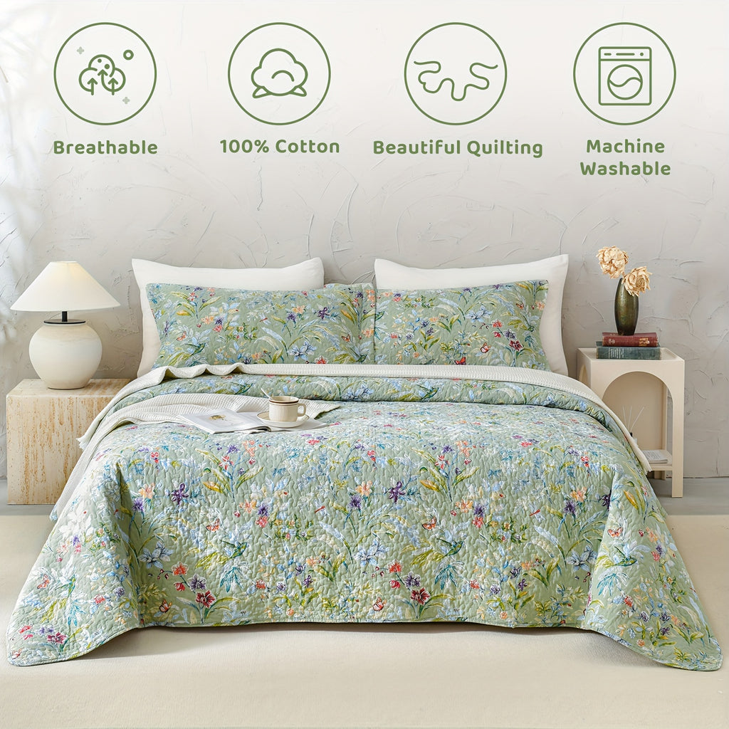 100% Cotton Floral Quilt - Green Floral Quilted Bedspreads Set, 3pcs Green Flower Bird Butterfly Print Botanical Quilt Bedding Coverlet Summer Soft Lightweight Aesthetic Bedding