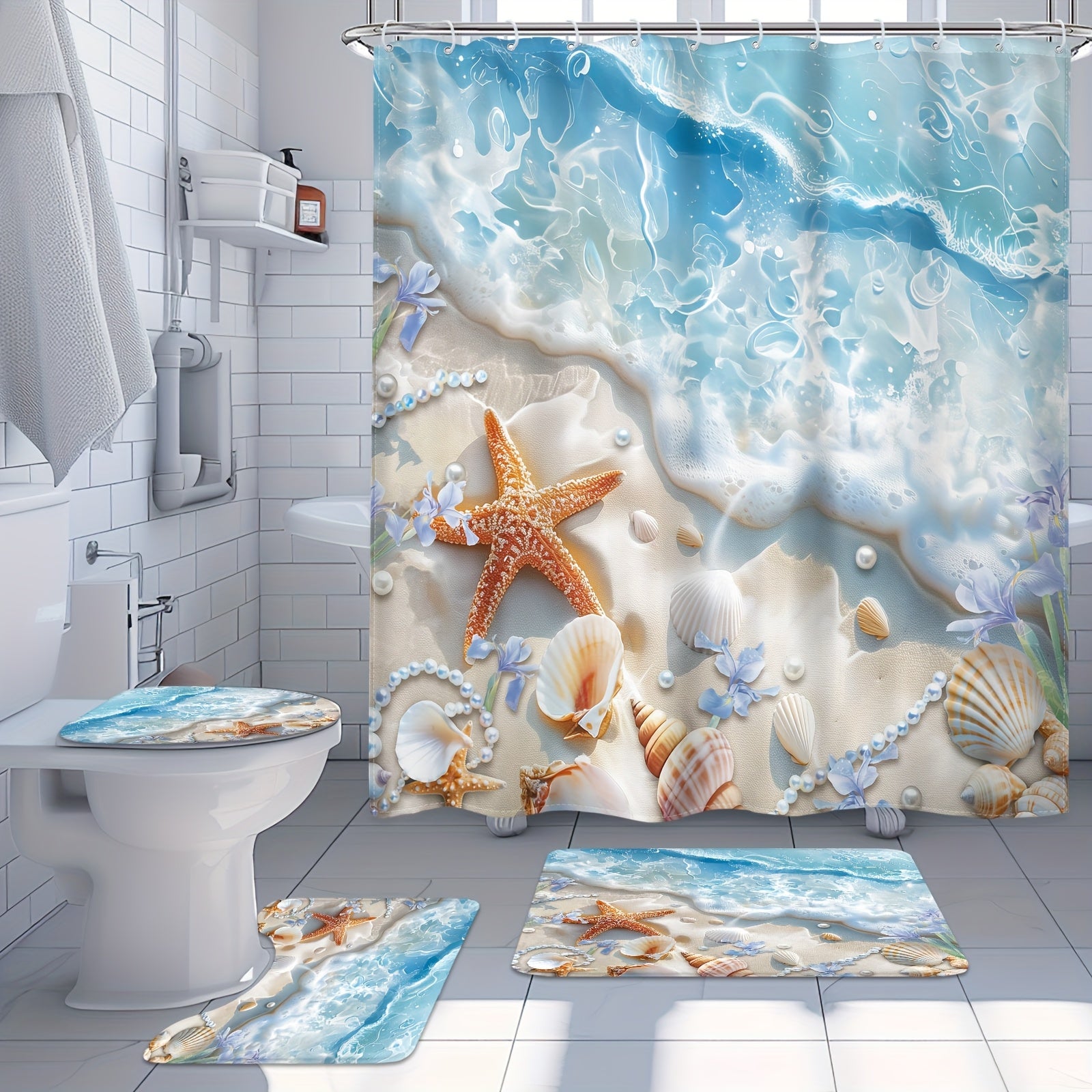 1\u002F4pcs - Beach Shower Curtain Set, Dreamy Waves Beach Flowers Starfish Shells Ocean Waterproof Shower Curtain With 12 Hooks, Non-slip Bathroom Floor Mat, Toilet U-shaped Mat, Cover Mat, Shower Decoration Accessories