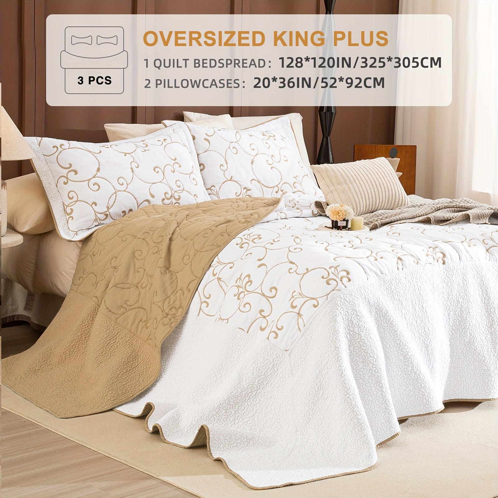 100% Cotton California King Quilt Embroidery Pattern Bedding Coverlet Set 3pcs Extra Large Golden And White Quilt Bedding Set Aesthetic All Season