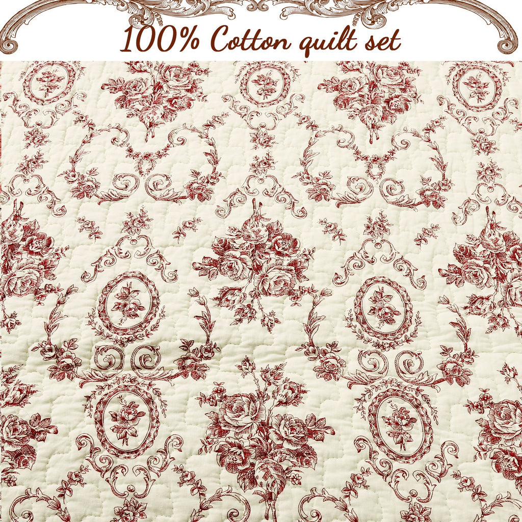 3pc 100 Cotton French Medallion Floral Quilt Bedding Set, Lightweight Bedspread Coverlet for All Seasons