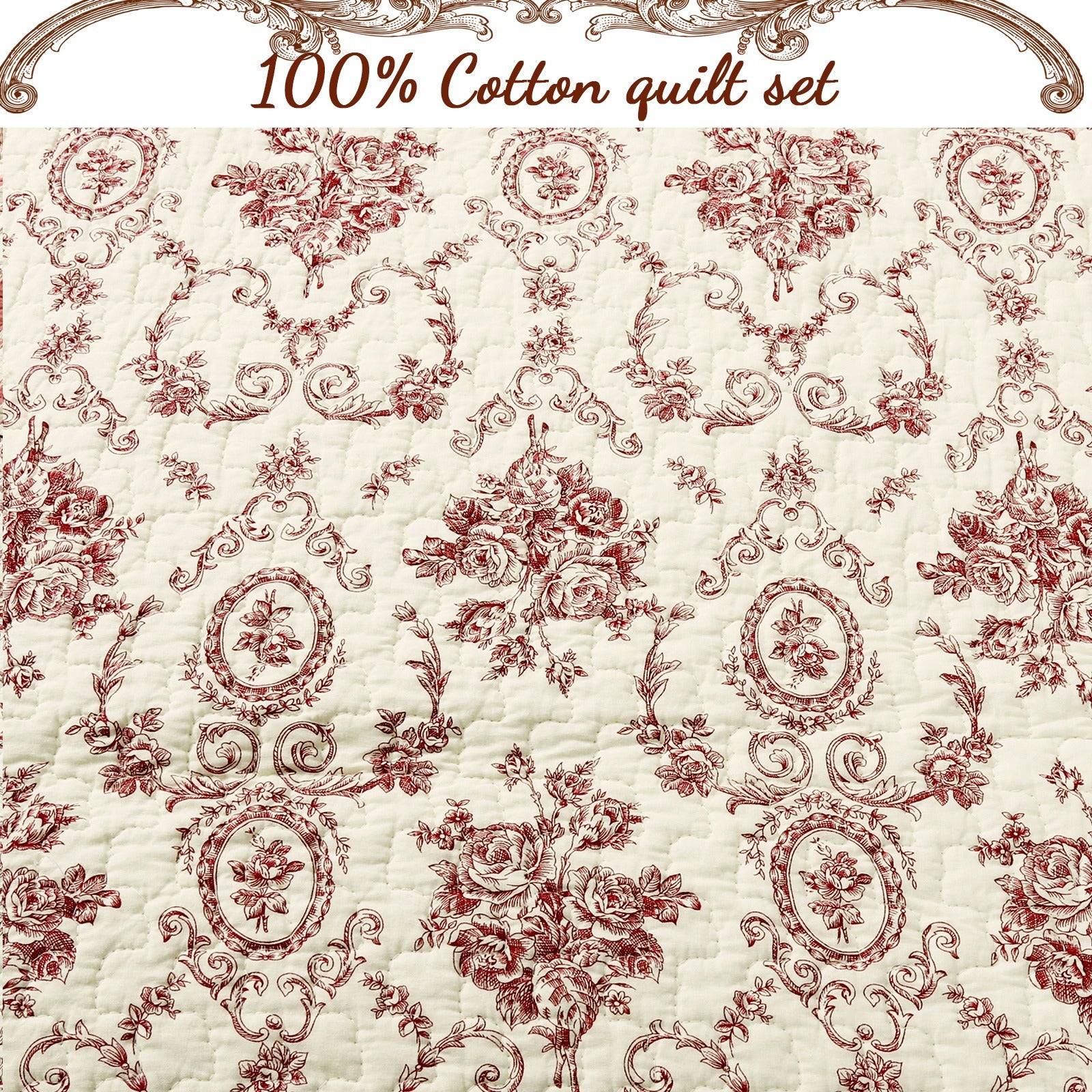 3pc 100 Cotton French Medallion Floral Quilt Bedding Set, Lightweight Bedspread Coverlet for All Seasons