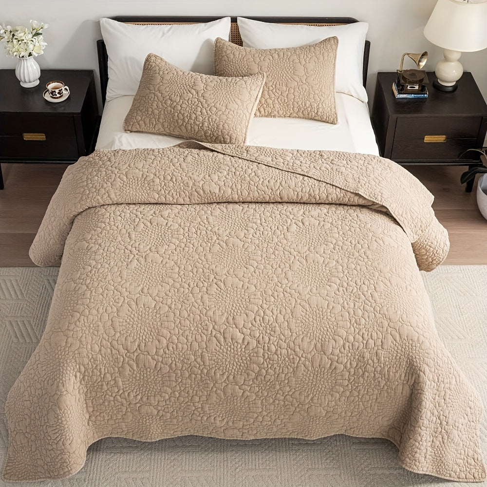 3pcs Stonewashed Cotton Reversible Floral Quilt Set Bedspreads, Real Quilting Soft & Breathable Quilt, All Seasons Lightweight Bedspread, Master Suites Or Guest Rooms Bedding Set (1 Quilt, 2 Pillow Shams), Machine Washable.