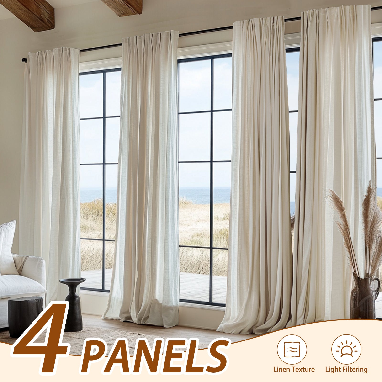 4pcs Elegant Beige Linen Curtains - Light Filtering, Rod Pocket Design for Easy Hanging, Perfect for Living Room & Bedroom - Modern Farmhouse Style, Machine Washable, Curtains for Living Room, JINCHAN
