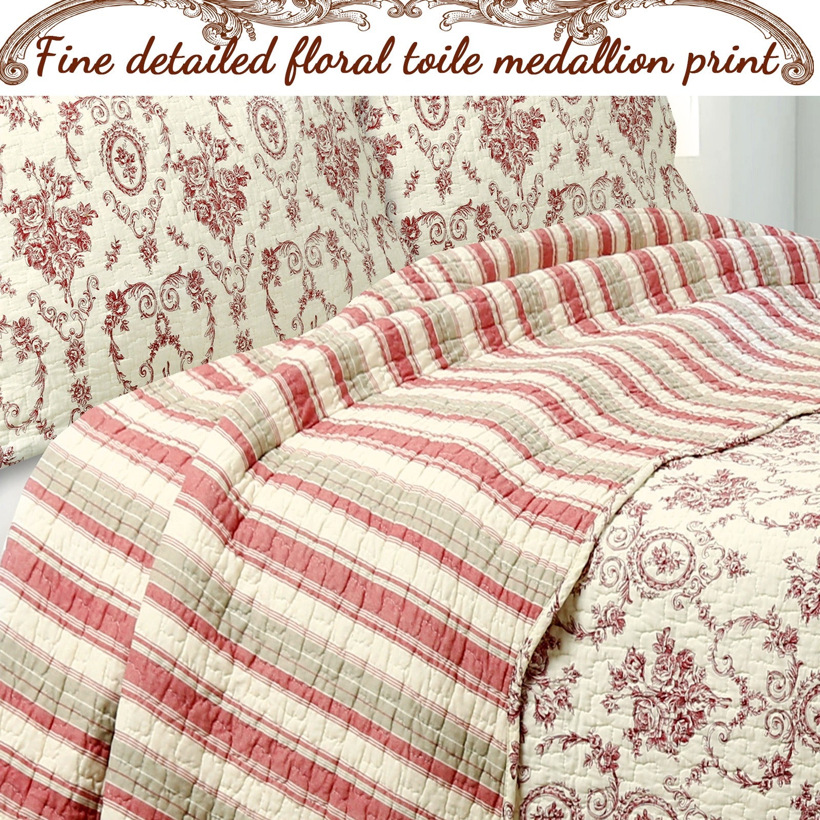 3pc 100 Cotton French Medallion Floral Quilt Bedding Set, Lightweight Bedspread Coverlet for All Seasons