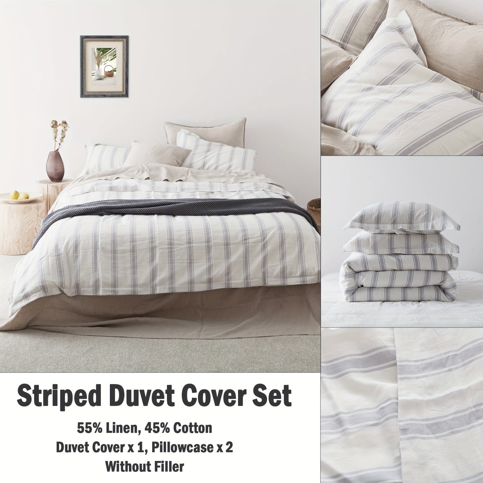 Queen Size Linen And Cotton Comforter Set 3 Pcs, Farmhouse Striped Comforter Set, Soft And Breathable Bedding, 55% Linen, 45% Cotton, Includes 1 Comforter, 2 Pillowcases