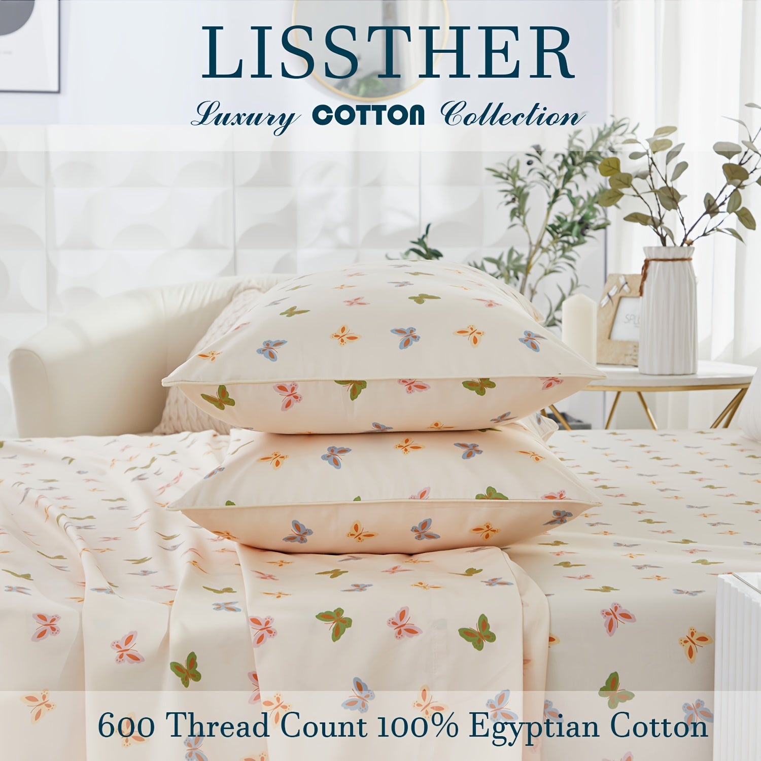 4pcs 600TC 100% Egyptian Cotton Fitted Sheet Set (1*Fitted Sheet+1*Flat Sheet+2*Pillowcase, Without Core), Luxury Colorful Butterfly Shabby Chic Bedding Set, For Guest Room Student Dorm All Seasons