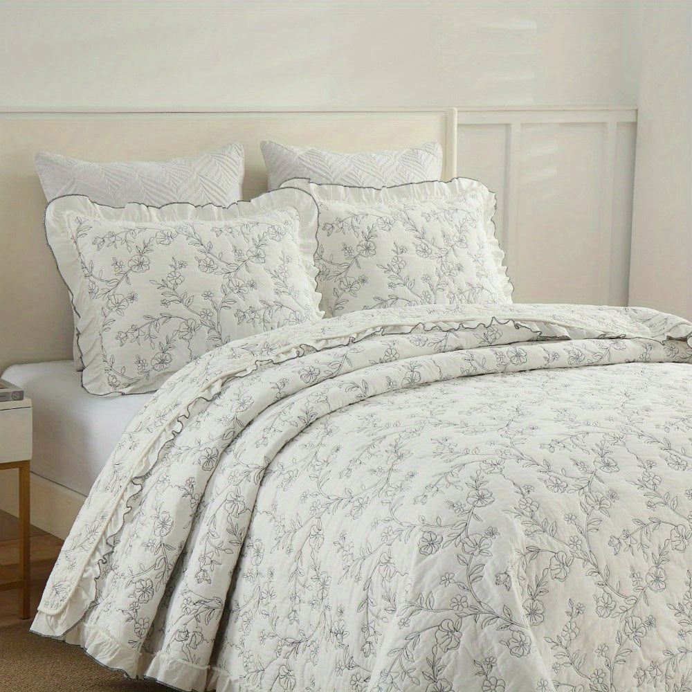 3pcs Floral Ruffled Cotton Oversize Quilt Set Bedspread Set Queen\u002FKing Size Reversible Bedding Set, Coverlet (1 Quilt+2 Pillowshams)