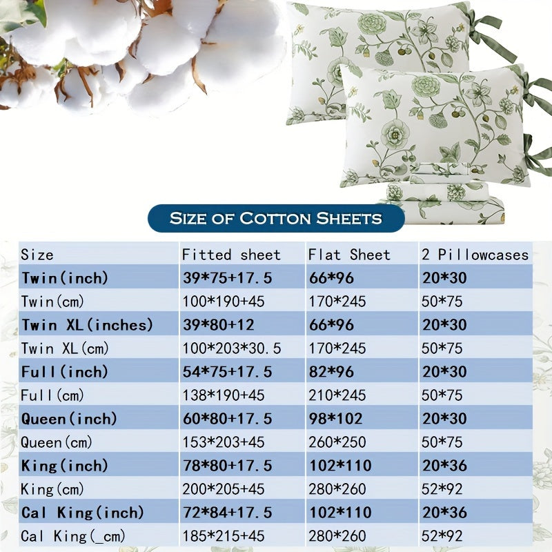Green Floral Bed Sheets 100% Percale Cotton 4pcs Deep Pocket Botanical Sheets Flower Leaves Print Super Soft Breathable Cooling Crisp White Sheets for All Season