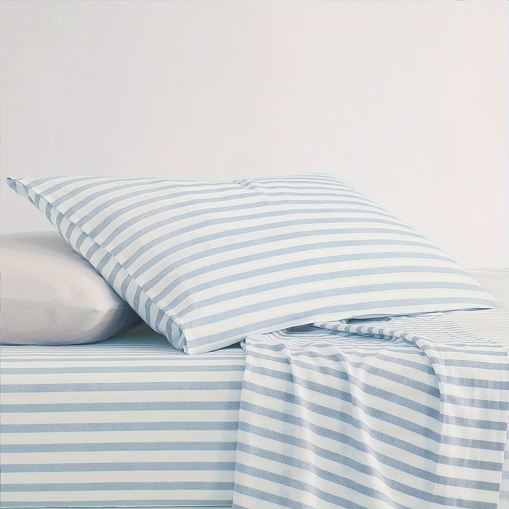 Queen Sheet Set 4 Pcs - 55% Linen, 45% Cotton Striped Sheet Set, Farmhouse, Breathable & Soft, Include Flat Sheet X 1, Fitted Sheet X 1, Pillowcase X 2