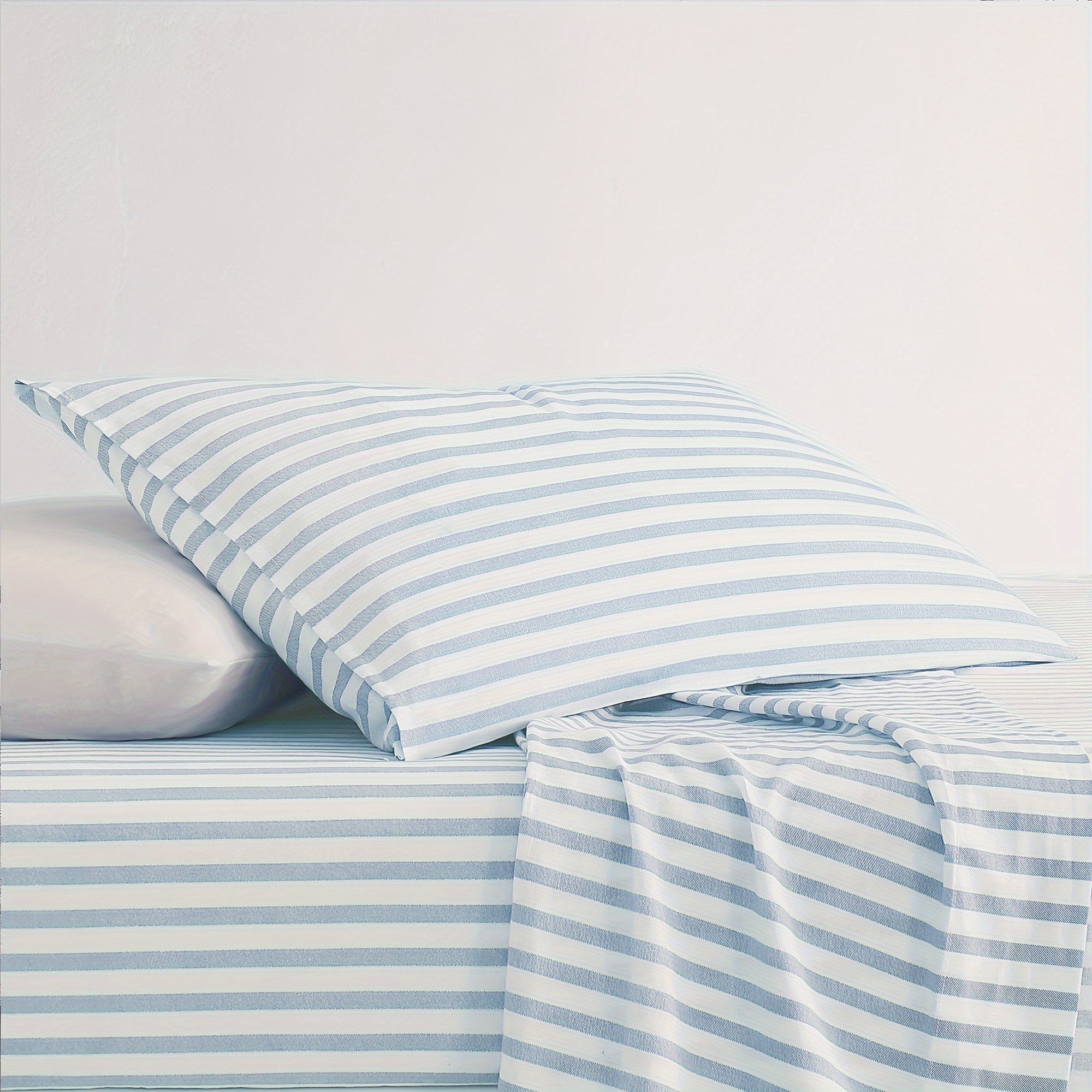 Queen Sheet Set 4 Pcs - 55% Linen, 45% Cotton Striped Sheet Set, Farmhouse, Breathable & Soft, Include Flat Sheet X 1, Fitted Sheet X 1, Pillowcase X 2