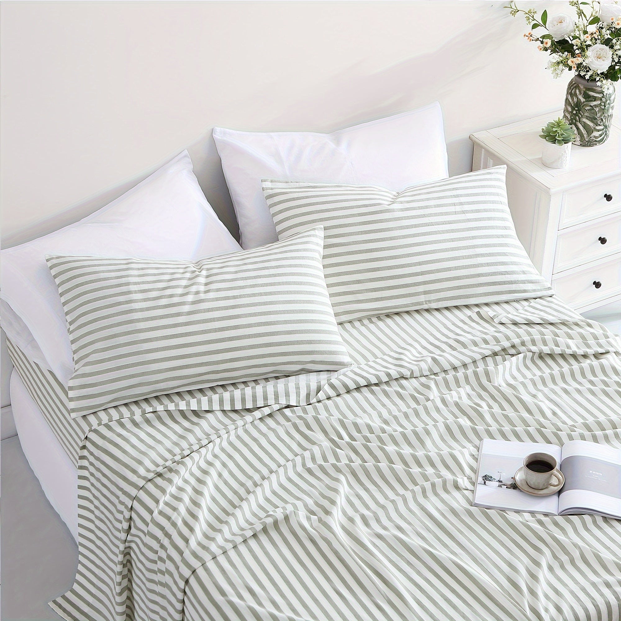 Queen Sheet Set 4 Pcs - 55% Linen, 45% Cotton Striped Sheet Set, Farmhouse, Breathable & Soft, Include Flat Sheet X 1, Fitted Sheet X 1, Pillowcase X 2