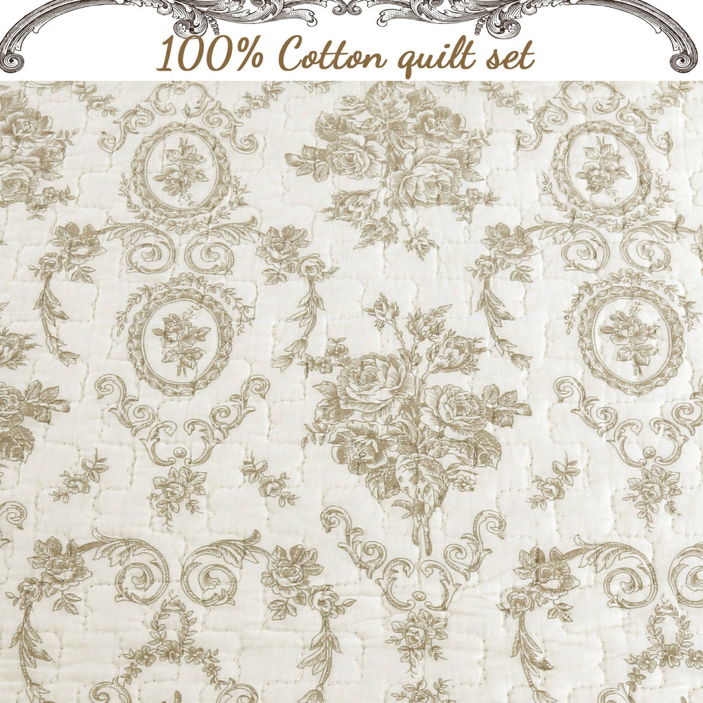 3pc 100 Cotton French Medallion Floral Quilt Bedding Set, Lightweight Bedspread Coverlet for All Seasons