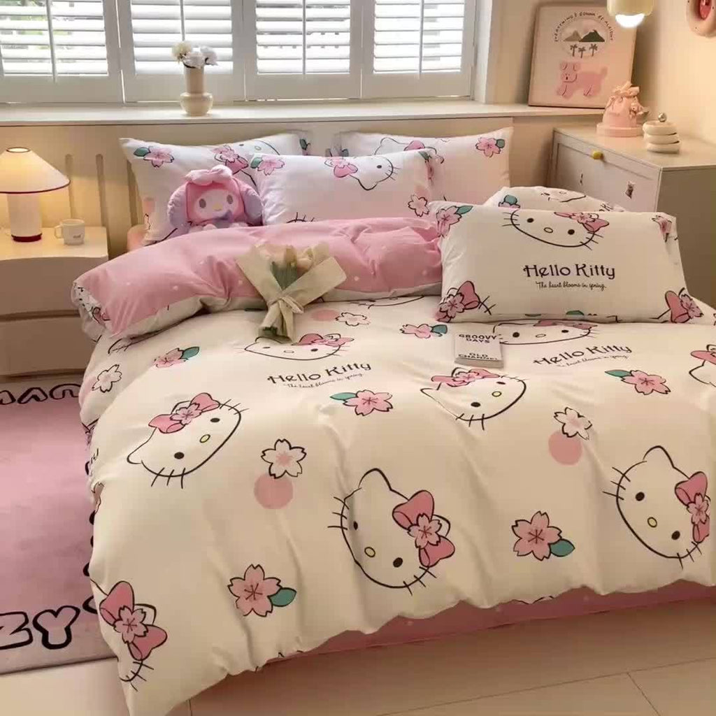 Sanrio-style Bedding Sets (4pcs) - Cinnamoroll, Hello Kitty, Kuromi - Soft and Comfortable Fabric - Includes 1 Duvet Cover, 1 Flat Sheet, 2 Pillowcases - Perfect as Gifts and Bedroom Decorations
