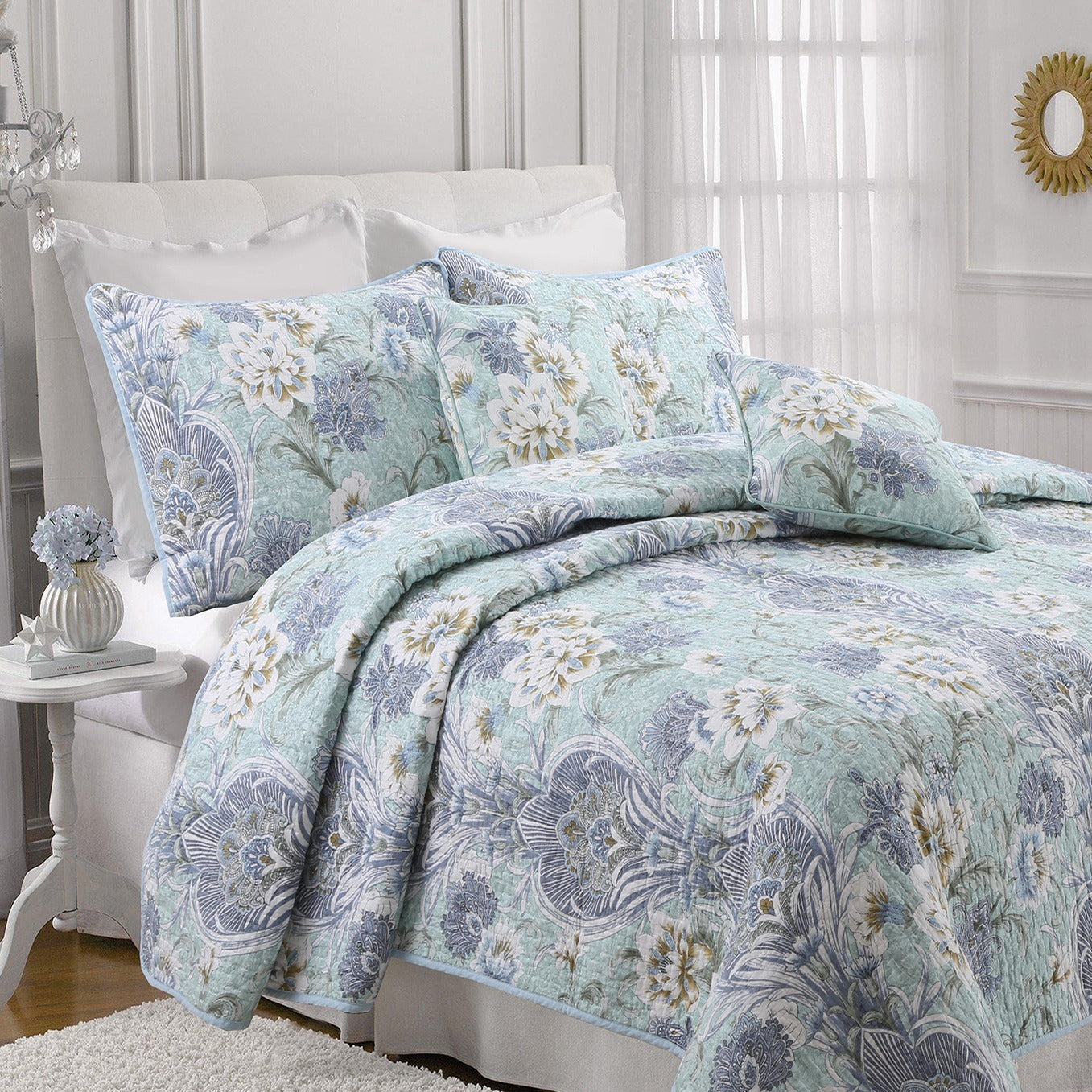 100 Cotton Floral Aqua Teal Blue Reversible Quilt Bedding Set, Lightweight Bedspread Coverlet for All Seasons