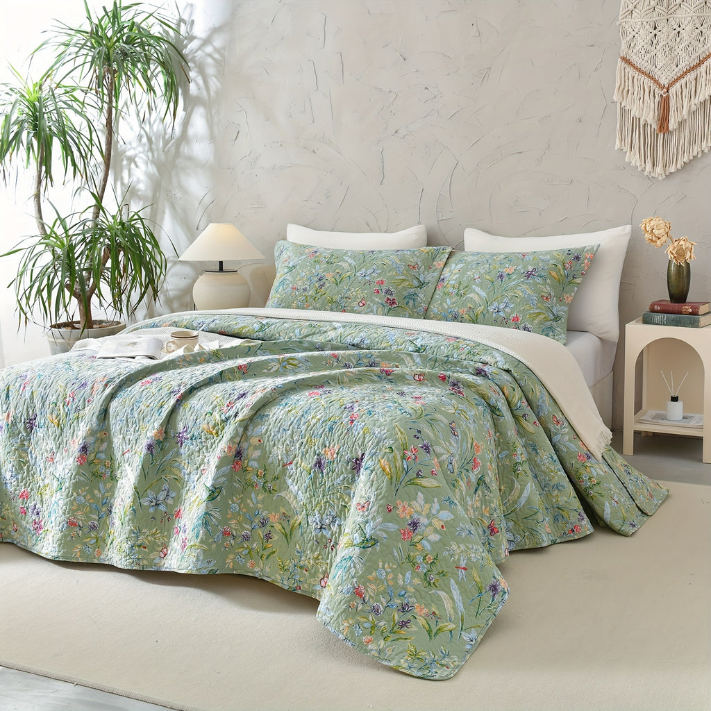 100% Cotton Floral Quilt - Green Floral Quilted Bedspreads Set, 3pcs Green Flower Bird Butterfly Print Botanical Quilt Bedding Coverlet Summer Soft Lightweight Aesthetic Bedding