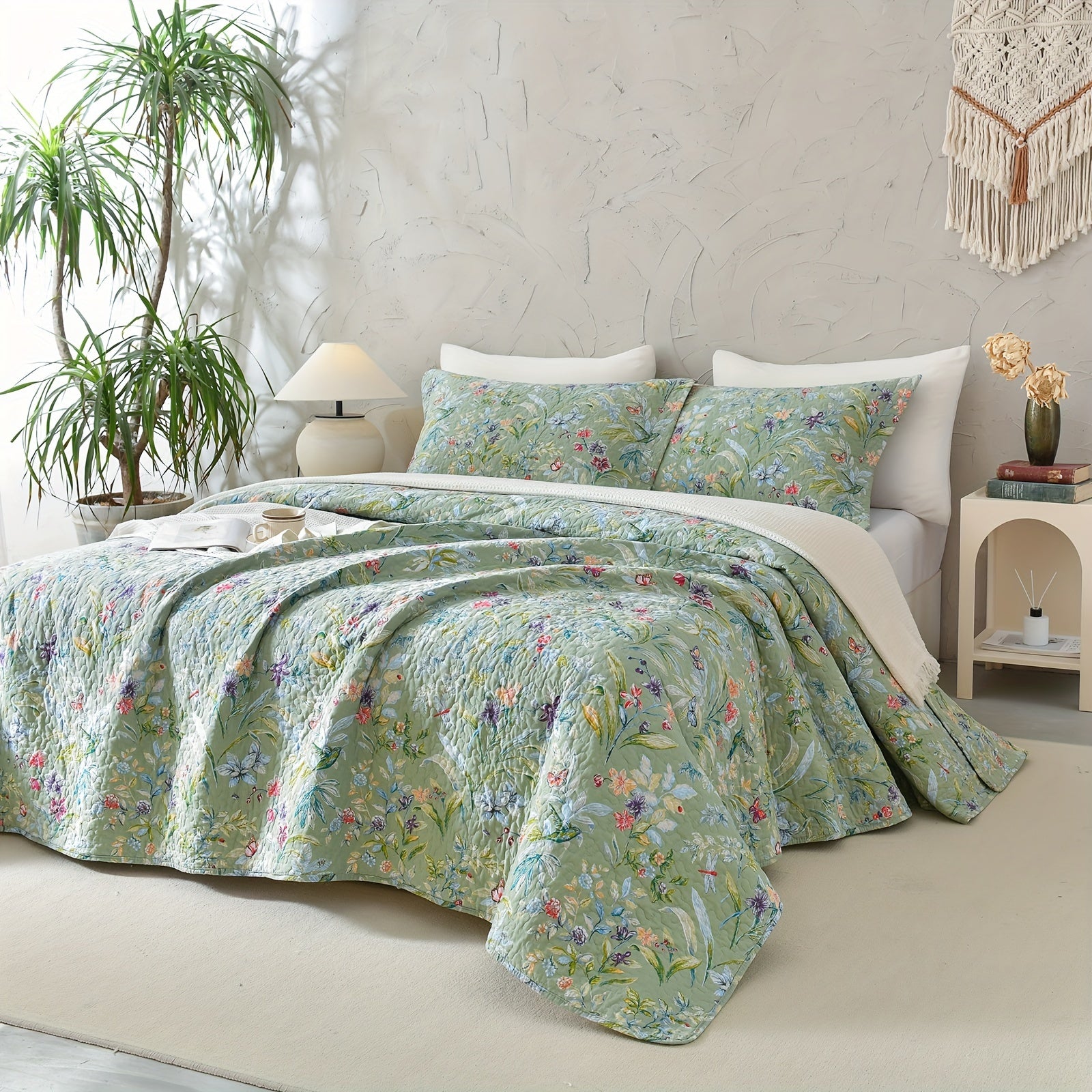 100% Cotton Floral Quilt - Green Floral Quilted Bedspreads Set, 3pcs Green Flower Bird Butterfly Print Botanical Quilt Bedding Coverlet Summer Soft Lightweight Aesthetic Bedding