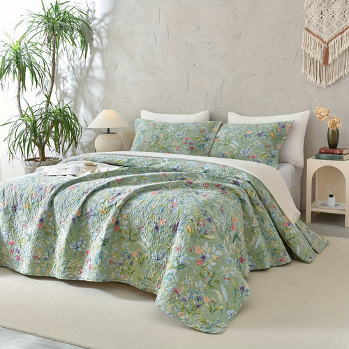 100% Cotton Floral Quilt - Green Floral Quilted Bedspreads Set, 3pcs Green Flower Bird Butterfly Print Botanical Quilt Bedding Coverlet Summer Soft Lightweight Aesthetic Bedding