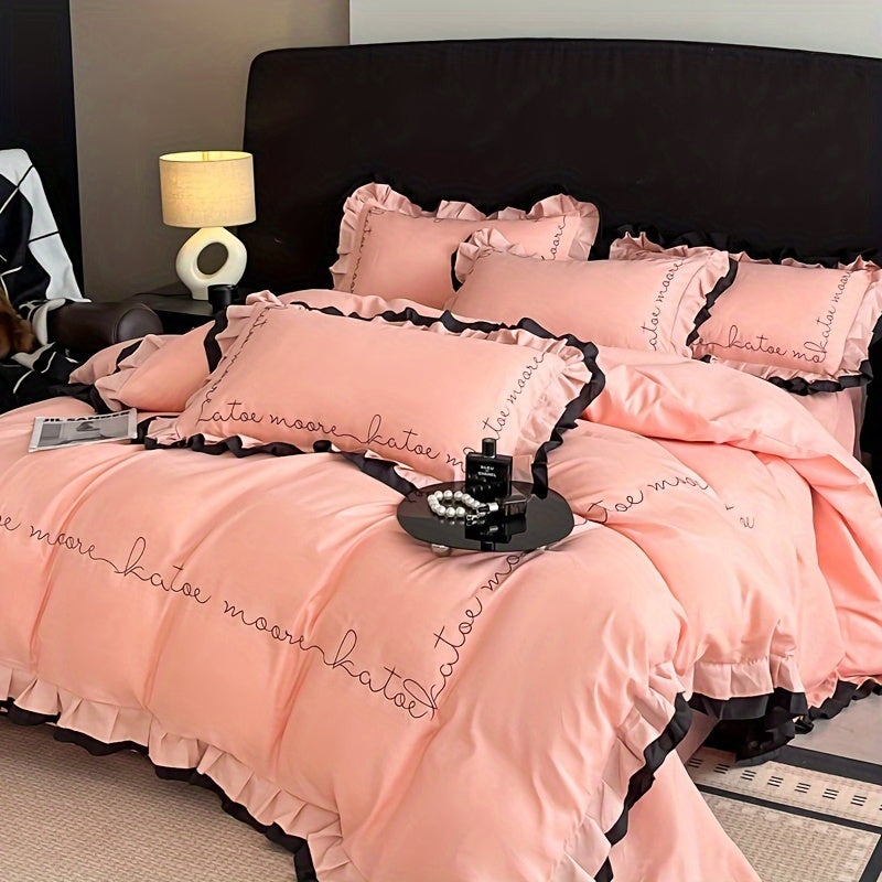 Advanced Embroidery Washed Four Piece Set with Ruffled Edges Bedding That Can Be Machine Washed for All Seasons: Includes One Duvet Cover, One Bed Sheet, Two Pillowcases, Without A Core