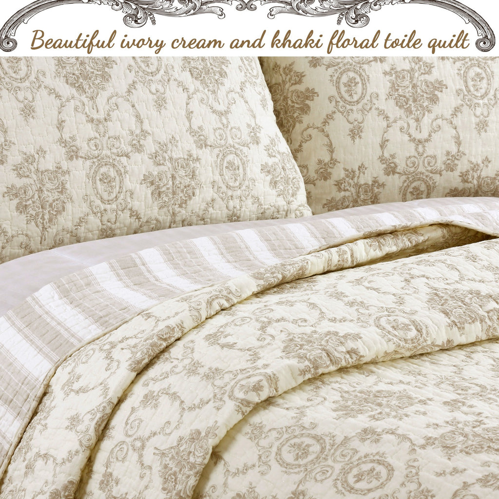 3pc 100 Cotton French Medallion Floral Quilt Bedding Set, Lightweight Bedspread Coverlet for All Seasons