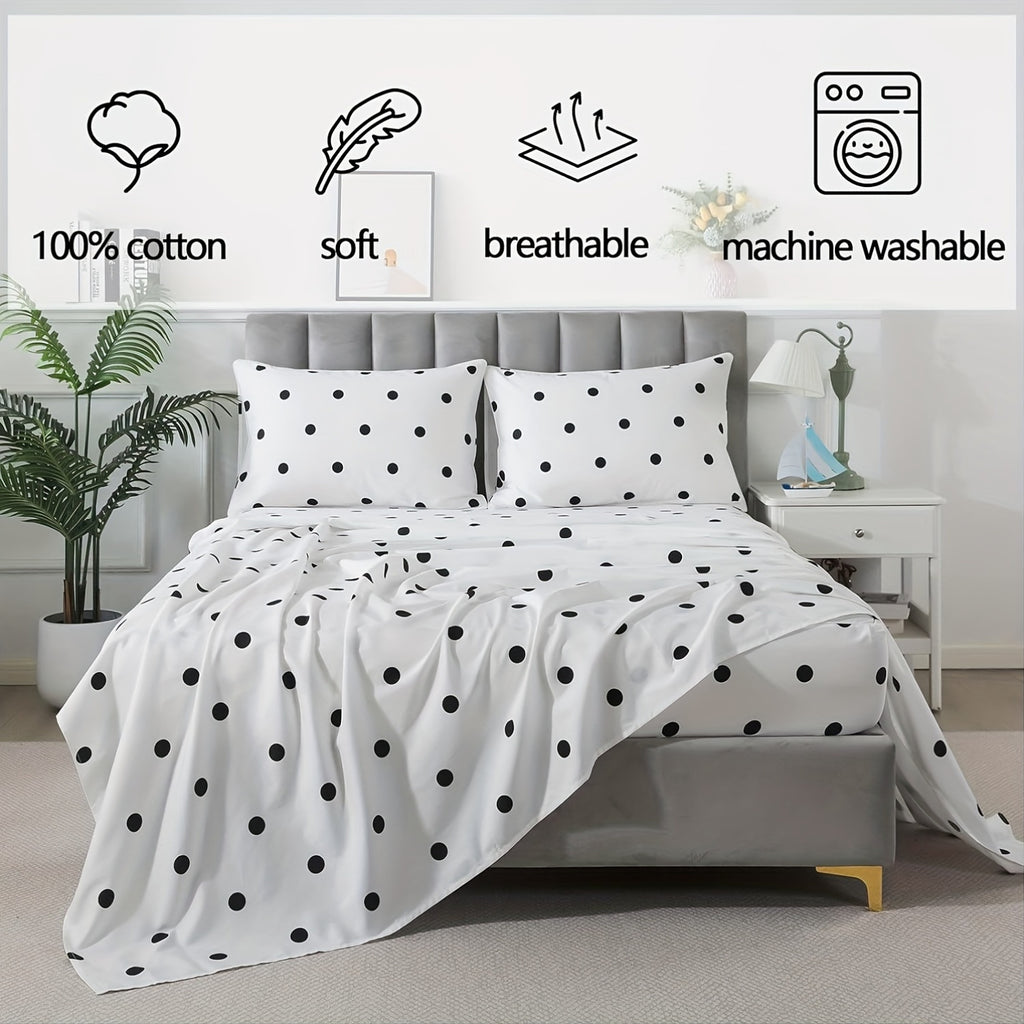 4pcs SoftTouch Bedding Set - 100% Polka Dot Twin\u002FFull\u002FQueen\u002FKing Sheets with Pillowcases, Breathable Twill Weave, All-Season, Machine Washable, Active Printing, Deep Pocket