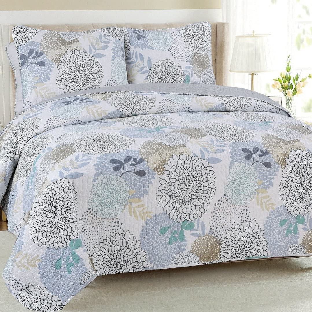 100 Cotton Floral Aqua Teal Blue Reversible Quilt Bedding Set, Lightweight Bedspread Coverlet for All Seasons