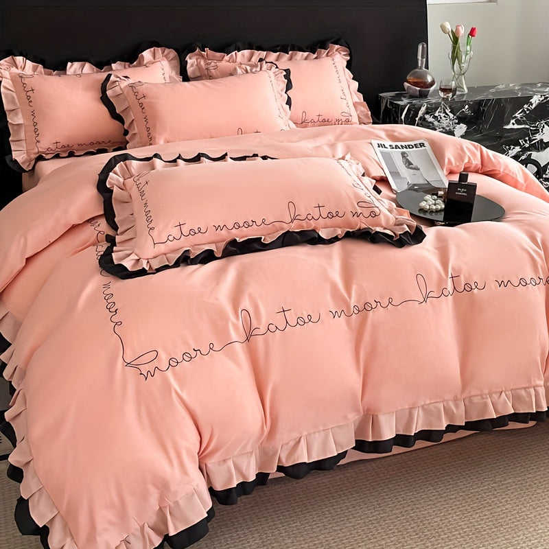 Advanced Embroidery Washed Four Piece Set with Ruffled Edges Bedding That Can Be Machine Washed for All Seasons: Includes One Duvet Cover, One Bed Sheet, Two Pillowcases, Without A Core