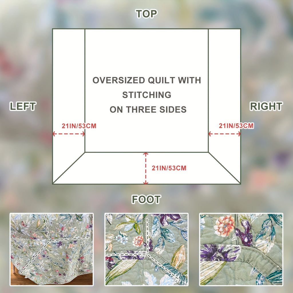 100% Cotton Floral Quilt - Green Floral Quilted Bedspreads Set, 3pcs Green Flower Bird Butterfly Print Botanical Quilt Bedding Coverlet Summer Soft Lightweight Aesthetic Bedding