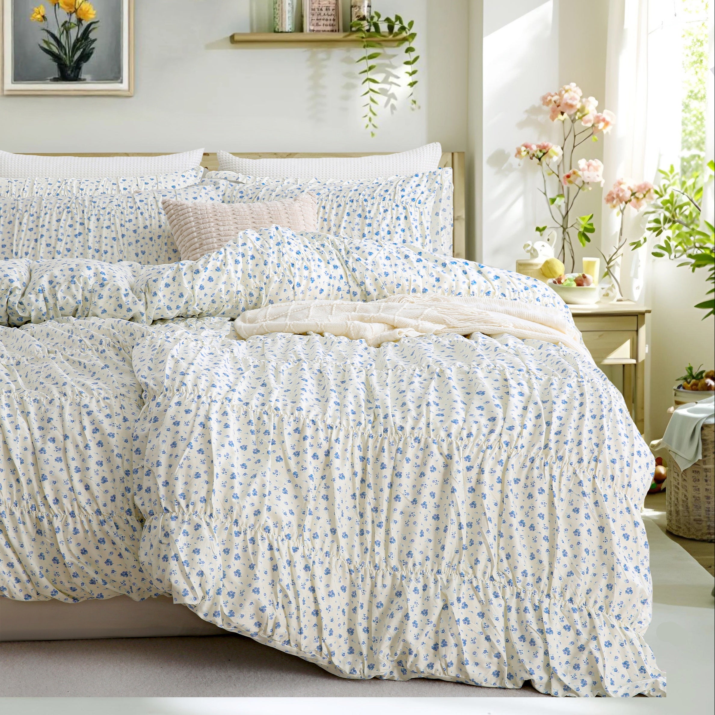 Blue Floral Corded Elastic Duvet Cover Set, Medium Size, 100% Pure Floral Duvet Cover Set with Pocket Closure, 3 Soft Breathable Vintage Bedding Set with 2 Pillowcases, Suitable for All Seasons