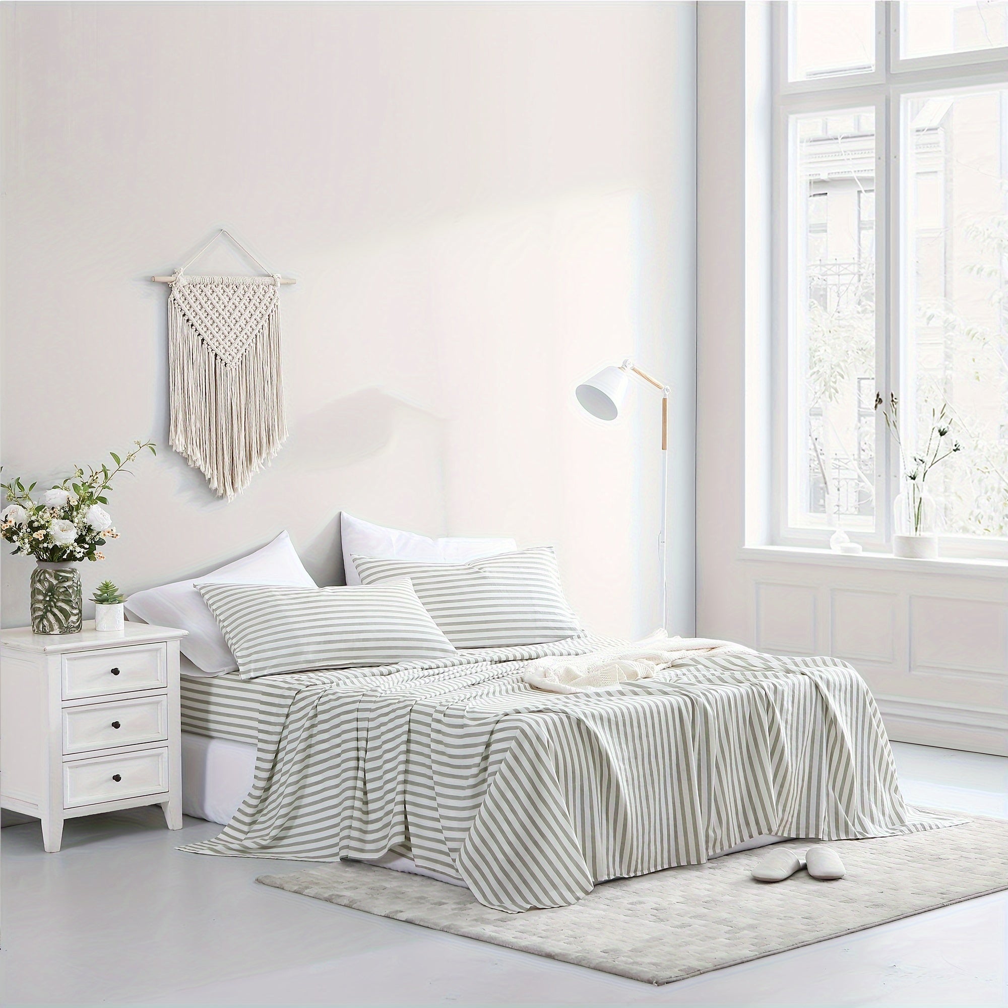 Queen Sheet Set 4 Pcs - 55% Linen, 45% Cotton Striped Sheet Set, Farmhouse, Breathable & Soft, Include Flat Sheet X 1, Fitted Sheet X 1, Pillowcase X 2