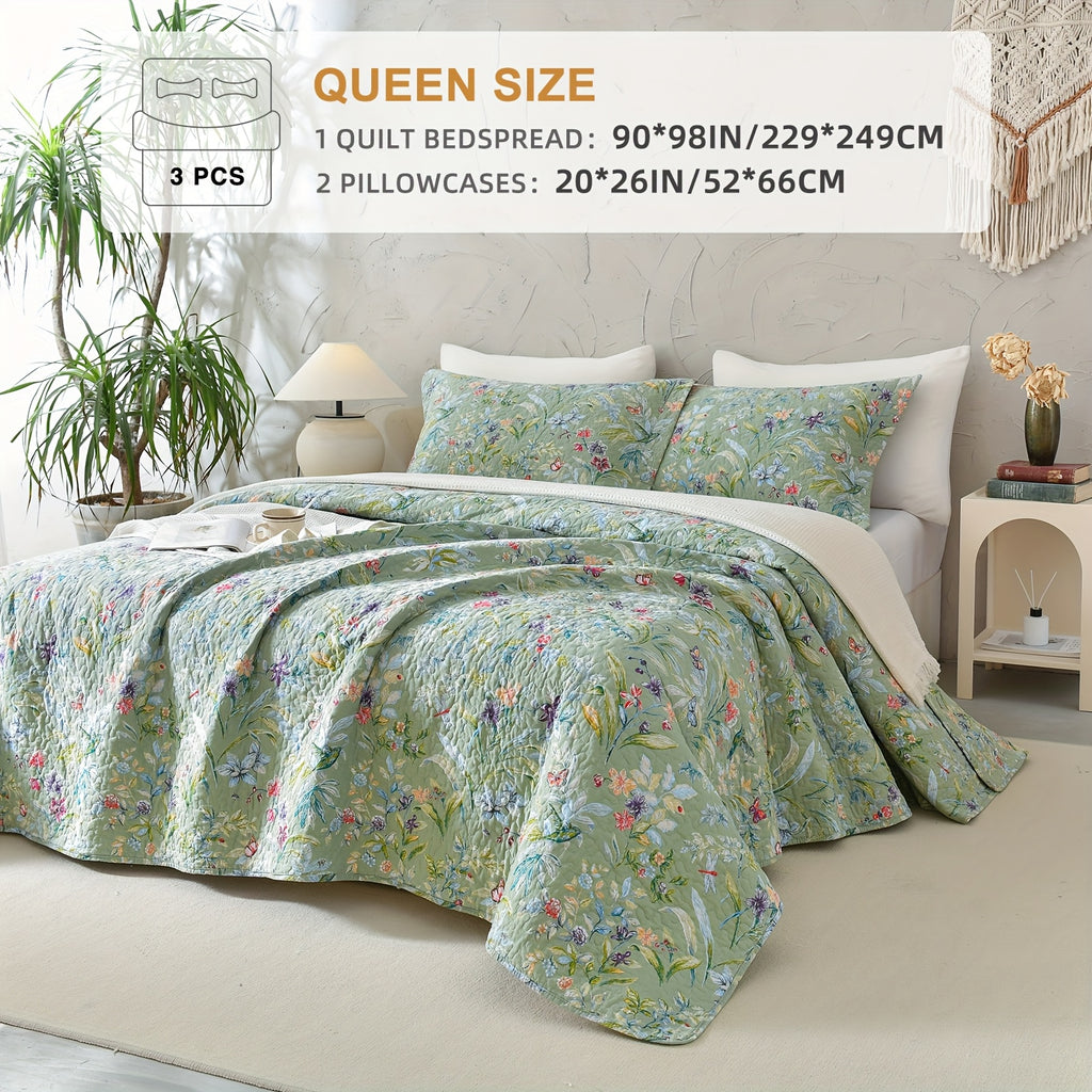 100% Cotton Floral Quilt - Green Floral Quilted Bedspreads Set, 3pcs Green Flower Bird Butterfly Print Botanical Quilt Bedding Coverlet Summer Soft Lightweight Aesthetic Bedding
