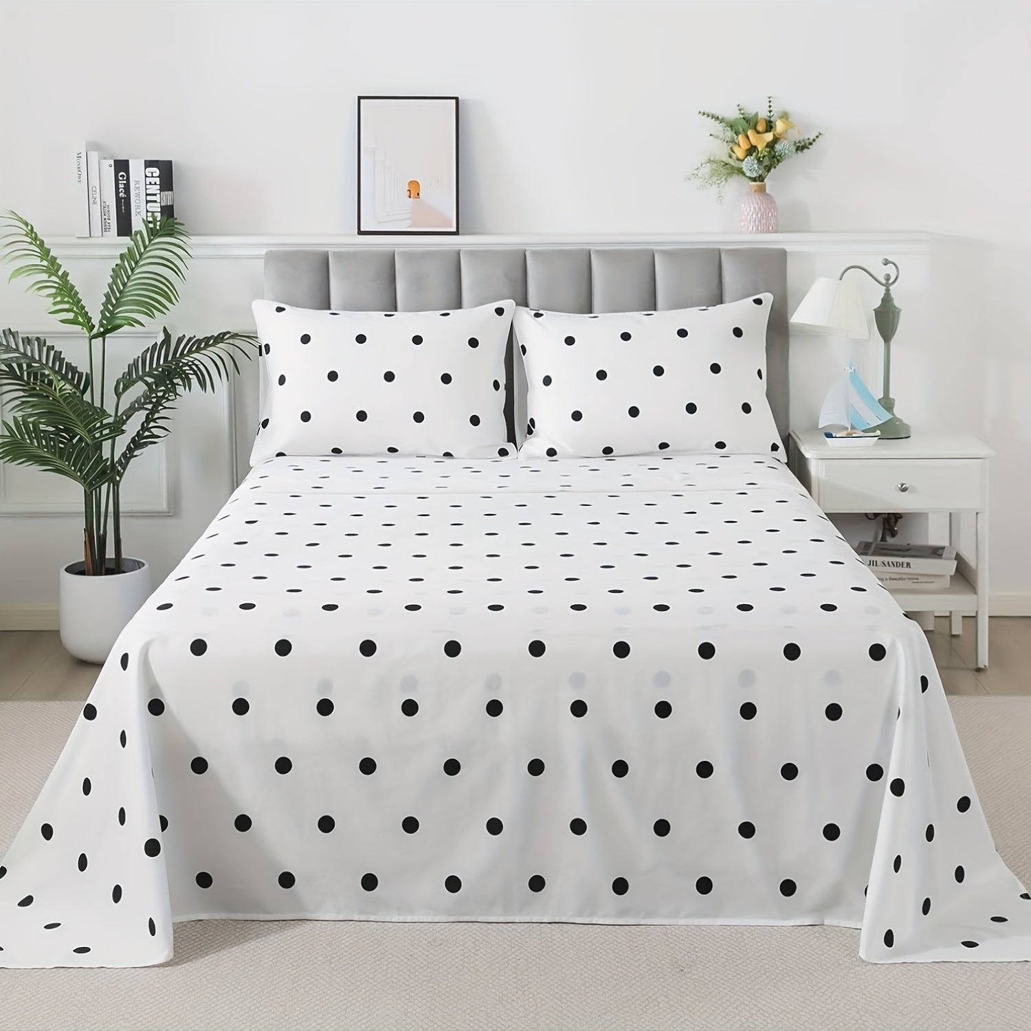 4pcs SoftTouch Bedding Set - 100% Polka Dot Twin\u002FFull\u002FQueen\u002FKing Sheets with Pillowcases, Breathable Twill Weave, All-Season, Machine Washable, Active Printing, Deep Pocket