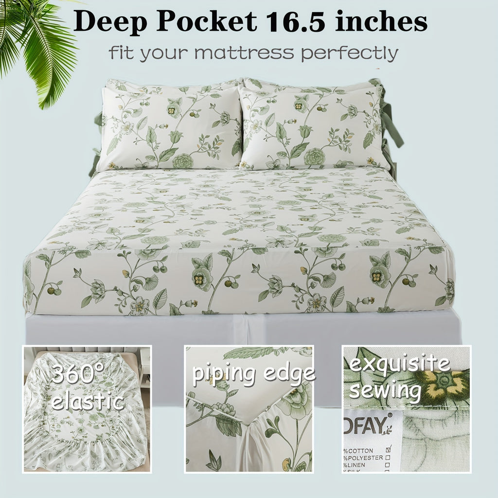 Green Floral Bed Sheets 100% Percale Cotton 4pcs Deep Pocket Botanical Sheets Flower Leaves Print Super Soft Breathable Cooling Crisp White Sheets for All Season