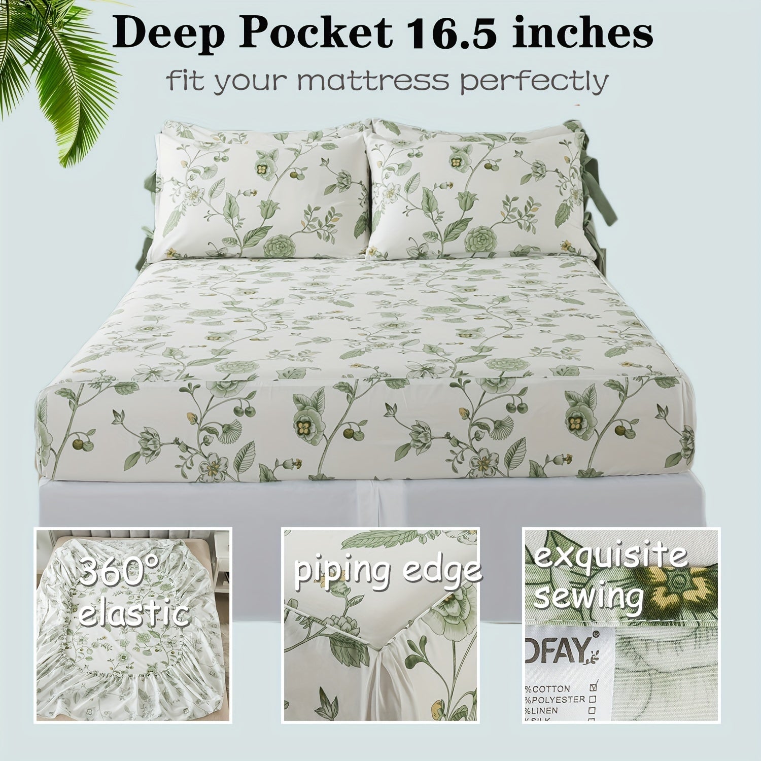 Green Floral Bed Sheets 100% Percale Cotton 4pcs Deep Pocket Botanical Sheets Flower Leaves Print Super Soft Breathable Cooling Crisp White Sheets for All Season