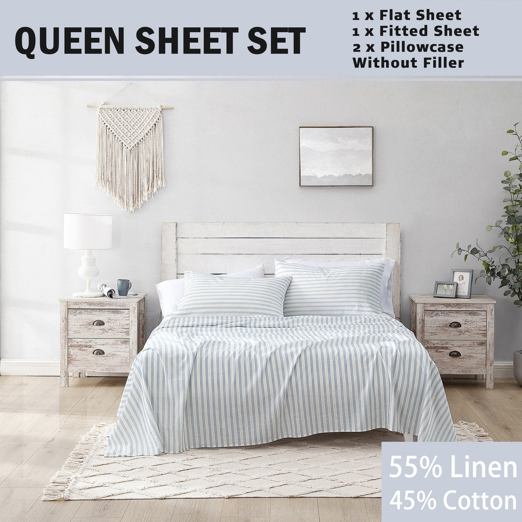 Queen Sheet Set 4 Pcs - 55% Linen, 45% Cotton Striped Sheet Set, Farmhouse, Breathable & Soft, Include Flat Sheet X 1, Fitted Sheet X 1, Pillowcase X 2