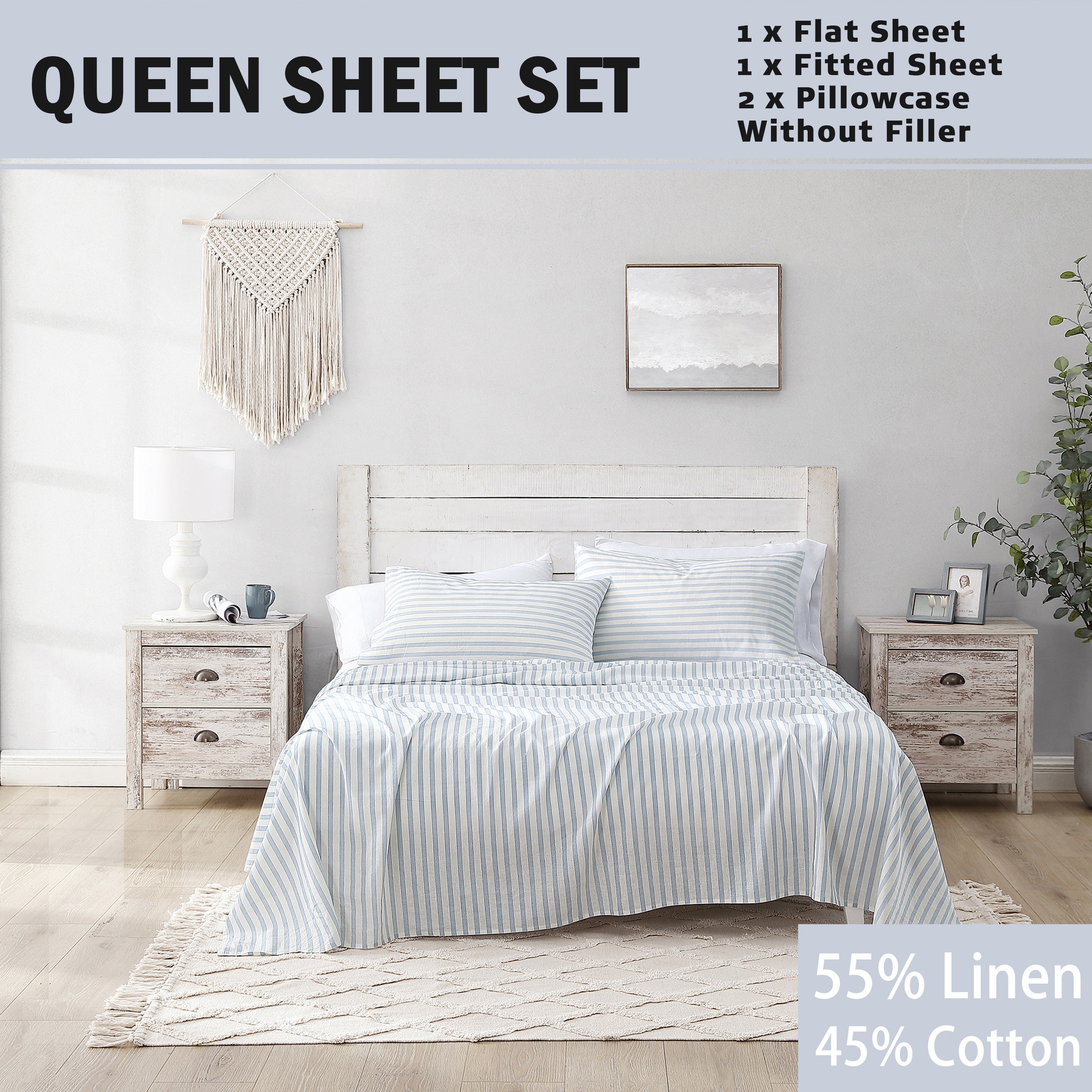 Queen Sheet Set 4 Pcs - 55% Linen, 45% Cotton Striped Sheet Set, Farmhouse, Breathable & Soft, Include Flat Sheet X 1, Fitted Sheet X 1, Pillowcase X 2
