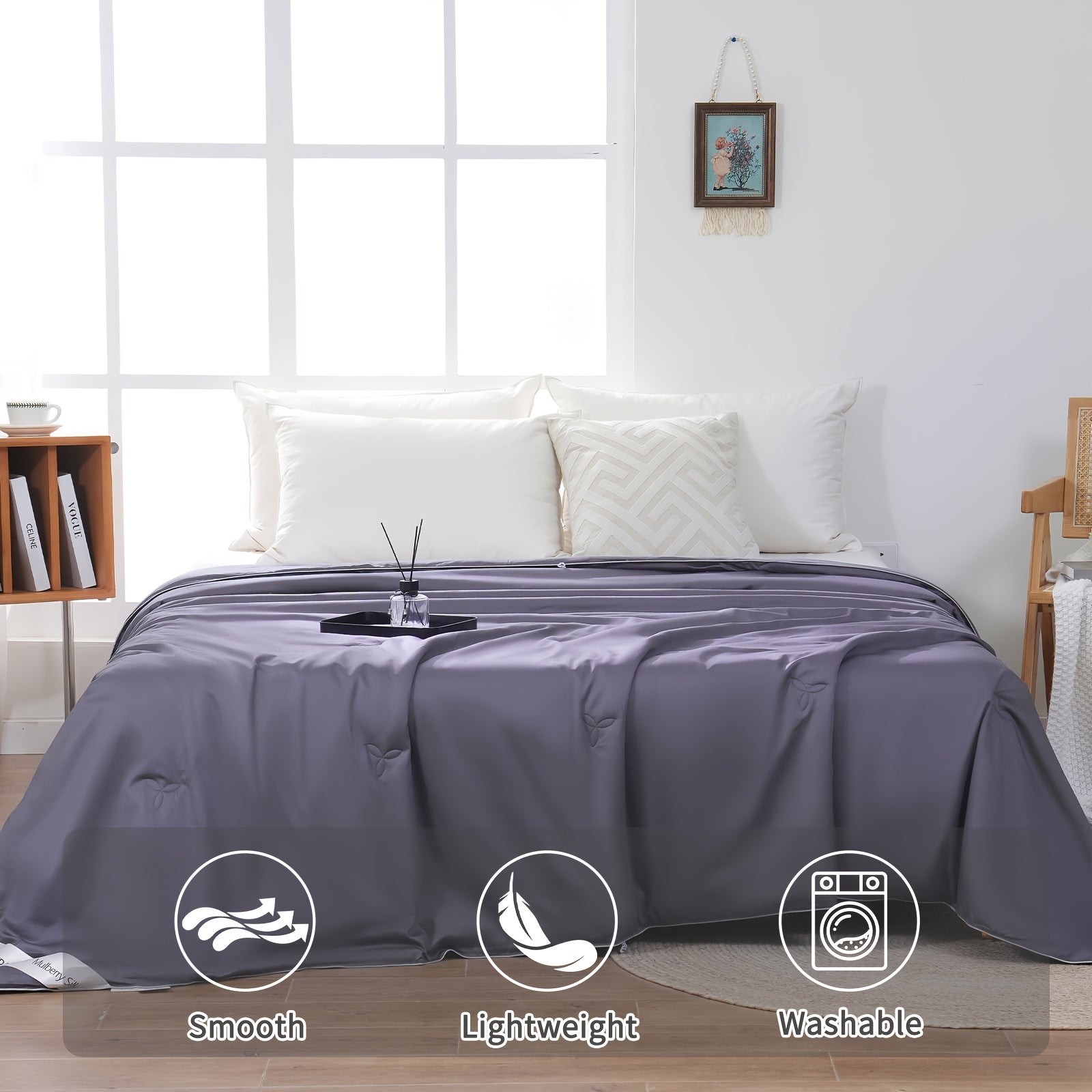 Luxurious Summer\u002FSpring Lightweight Mulberry Silk Comforter, Luxury Silk Bedding Summer, Long Strand Silk Fill Duvet Blankets, Noiseless Cotton Shell (Dark Gray)