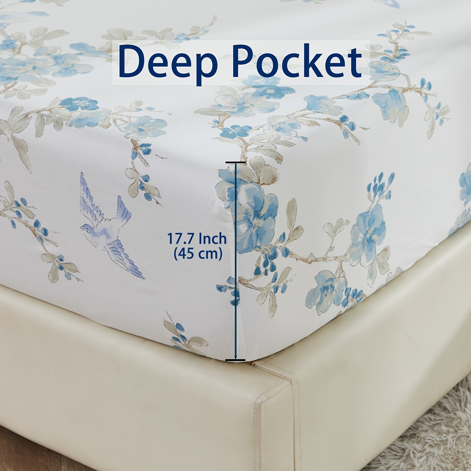 4pcs 600TC 100% Egyptian Cotton Fitted Sheet Set (1*Fitted Sheet + 1*Flat Sheet + 2*Pillowcase, Without Core), Luxury Blue Watercolor Floral Bedding Set, for Bedroom Guest Room Student Dorm All Seasons