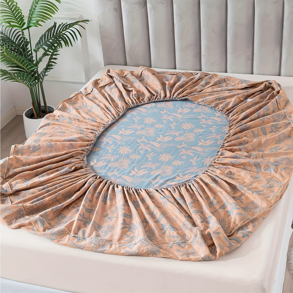100% Cotton Double Gauze Floral Sheets Set Dirty Blue Tropical Bird Bed Sheet Shabby Vintage Bedding Orange Coconut Tree Printed Deep Pocket Sheets Luxury Soft Breathable, 4pcs