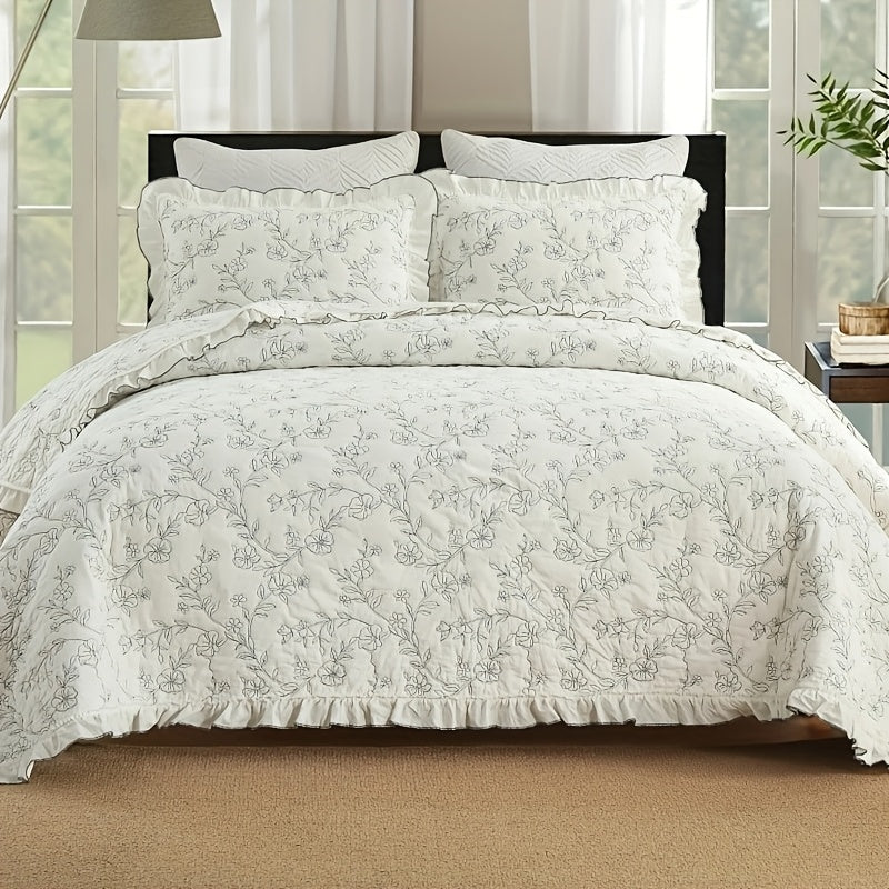 3pcs Floral Ruffled Cotton Oversize Quilt Set Bedspread Set Queen\u002FKing Size Reversible Bedding Set, Coverlet (1 Quilt+2 Pillowshams)